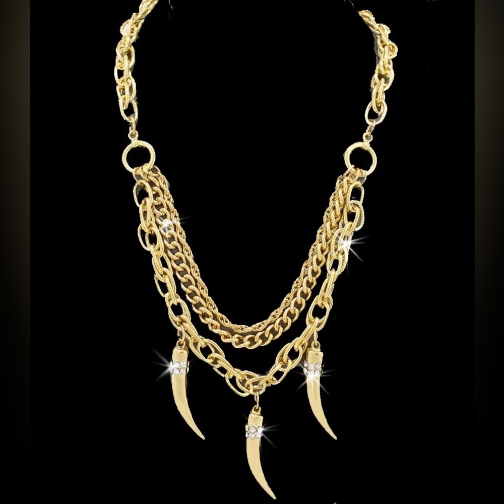 Pave Set Crystal Triple Italian HORN Chains Cz Statement link drop Necklace Gold